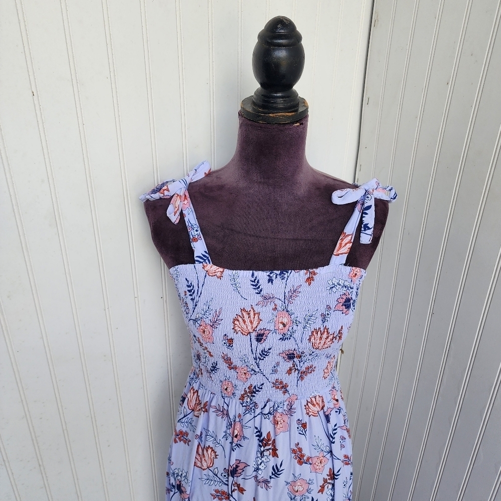 Japna Dress Womens Lilac Blue Floral Long Maxi Smocked Tie Straps Rayon Sz S - Picture 2 of 12